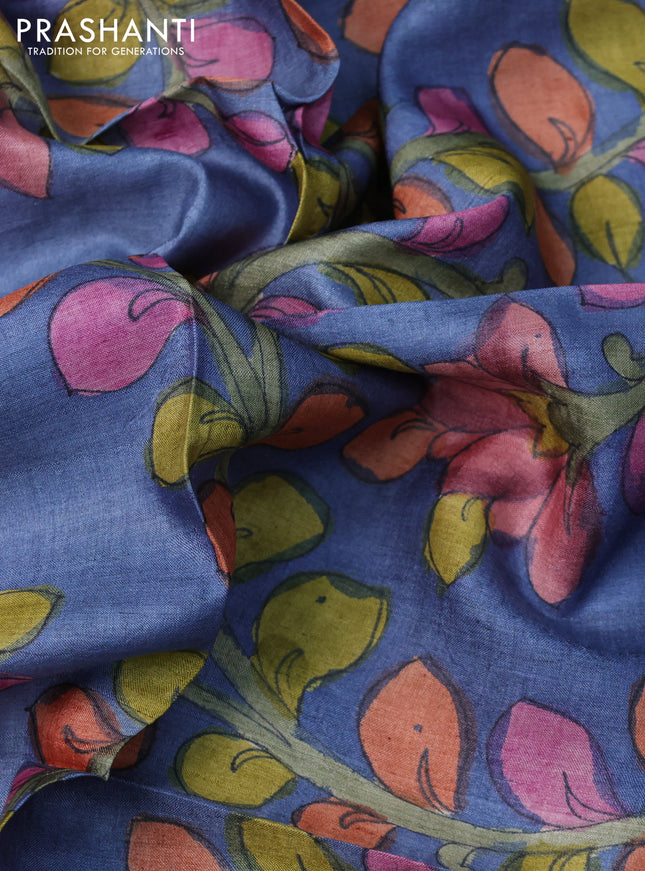 Tussar silk blouse piece blue with allover kalamkari prints