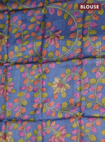 Tussar silk blouse piece blue with allover kalamkari prints