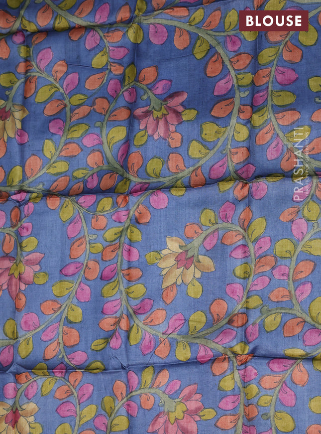Tussar silk blouse piece blue with allover kalamkari prints