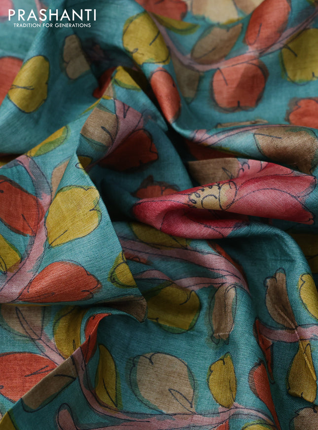 Tussar silk blouse piece teal blue with allover kalamkari prints