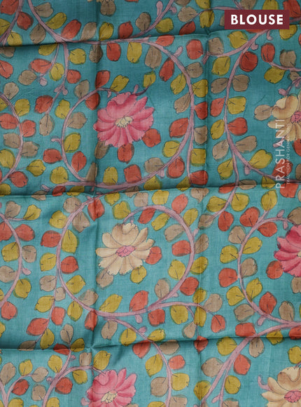Tussar silk blouse piece teal blue with allover kalamkari prints