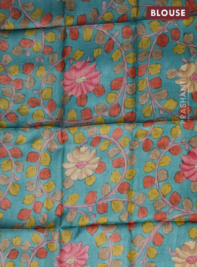 Tussar silk blouse piece teal blue with allover kalamkari prints
