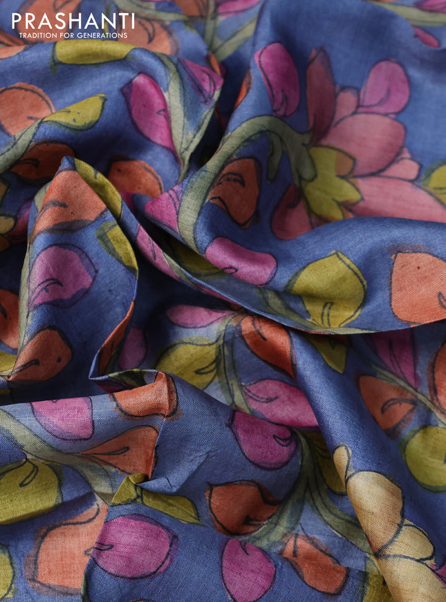 Tussar silk blouse piece blue with allover kalamkari prints