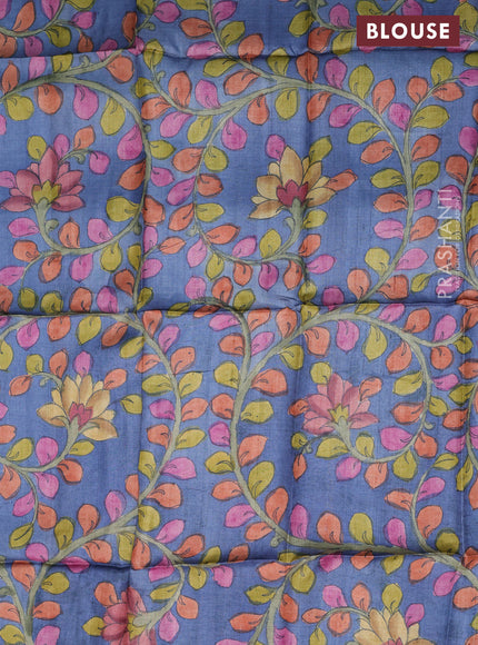 Tussar silk blouse piece blue with allover kalamkari prints