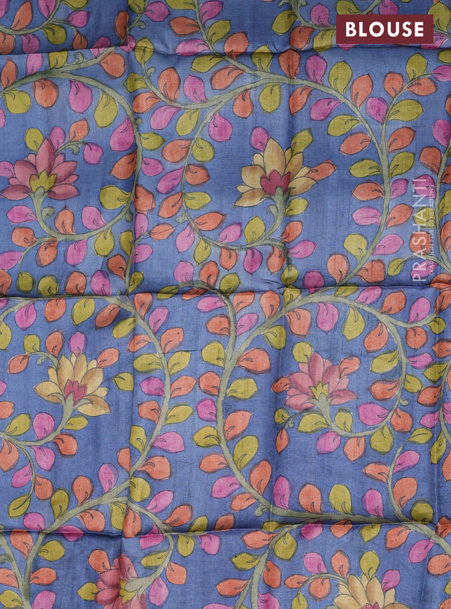 Tussar silk blouse piece blue with allover kalamkari prints