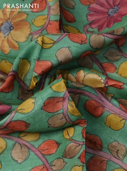 Tussar silk blouse piece green with allover kalamkari prints