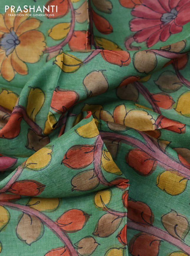 Tussar silk blouse piece green with allover kalamkari prints