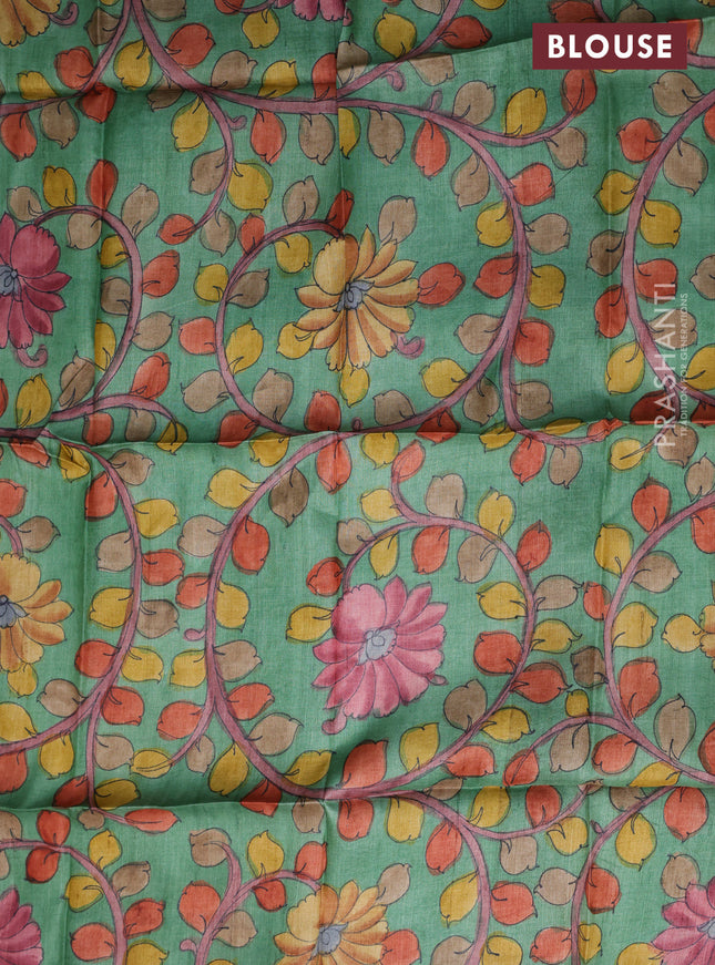 Tussar silk blouse piece green with allover kalamkari prints