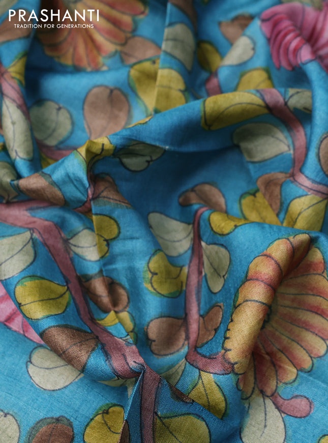 Tussar silk blouse piece teal blue with allover kalamkari prints