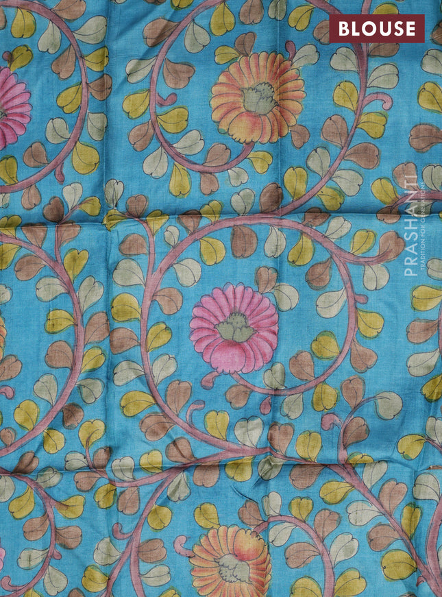 Tussar silk blouse piece teal blue with allover kalamkari prints