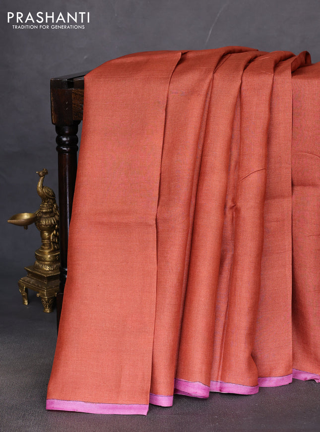 Pure tussar partly silk saree rustic orange and pastel green with plain body and kalamkari hand painted prints