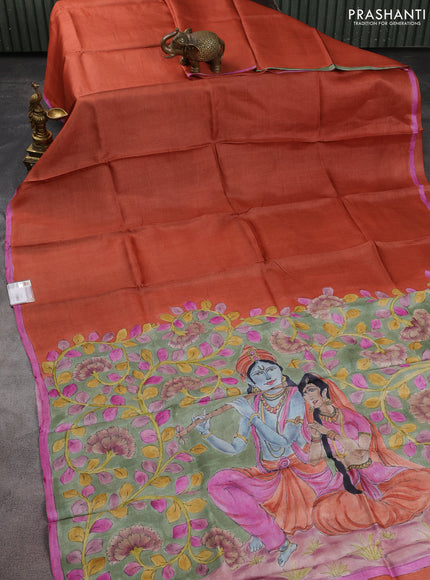 Pure tussar partly silk saree rustic orange and pastel green with plain body and kalamkari hand painted prints