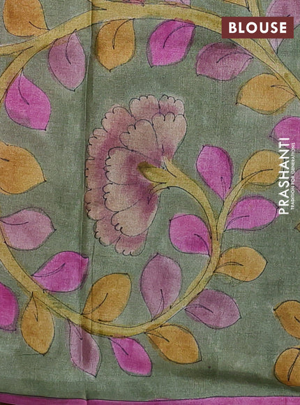 Pure tussar partly silk saree rustic orange and pastel green with plain body and kalamkari hand painted prints