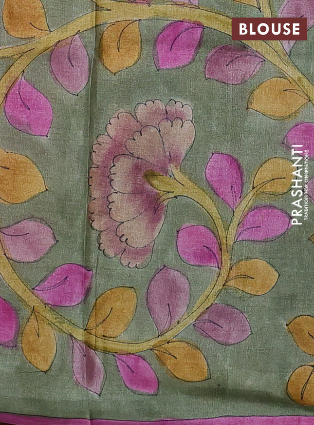 Pure tussar partly silk saree rustic orange and pastel green with plain body and kalamkari hand painted prints