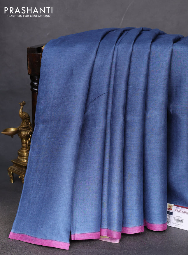 Pure tussar partly silk saree bluish grey and mustard yellow with plain body and kalamkari hand painted prints