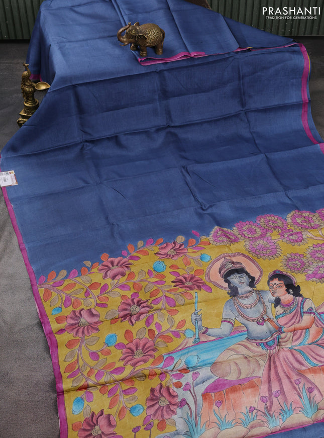 Pure tussar partly silk saree bluish grey and mustard yellow with plain body and kalamkari hand painted prints