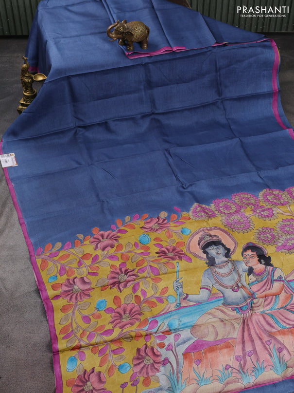 Pure tussar partly silk saree bluish grey and mustard yellow with plain body and kalamkari hand painted prints