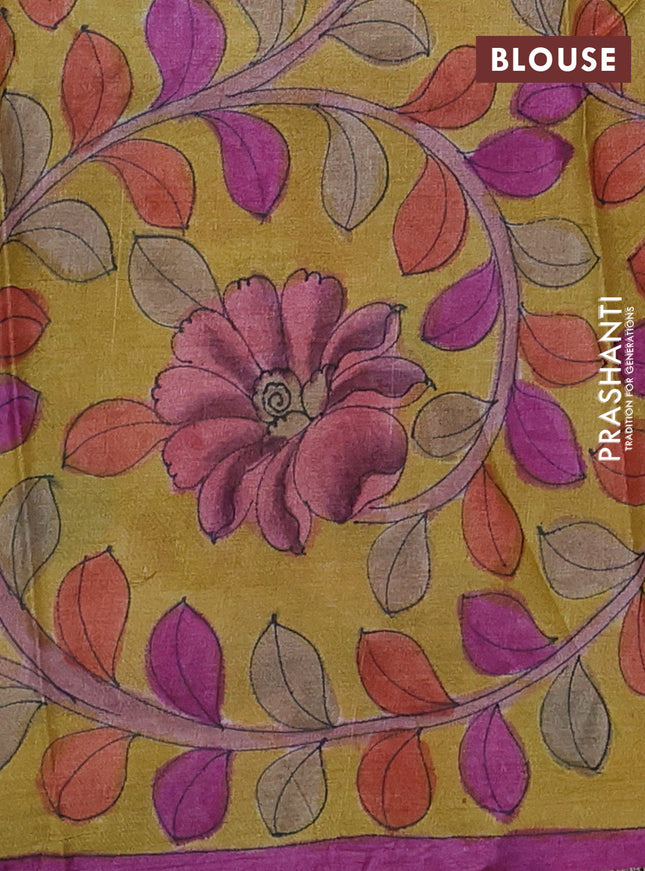 Pure tussar partly silk saree bluish grey and mustard yellow with plain body and kalamkari hand painted prints