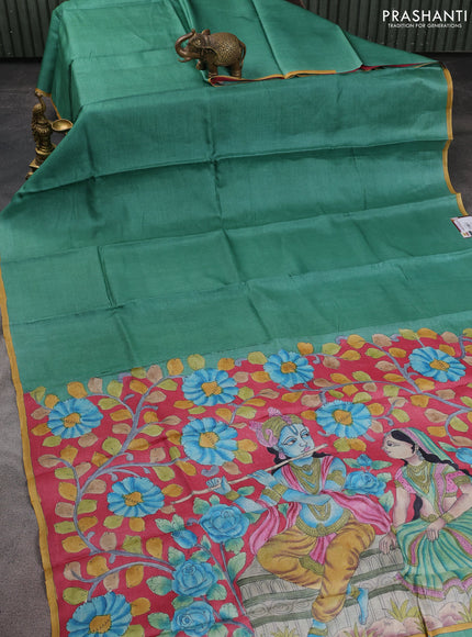 Pure tussar partly silk saree teal green and pink with plain body and kalamkari hand painted prints