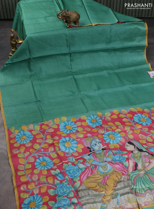 Pure tussar partly silk saree teal green and pink with plain body and kalamkari hand painted prints