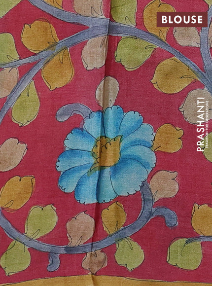 Pure tussar partly silk saree teal green and pink with plain body and kalamkari hand painted prints
