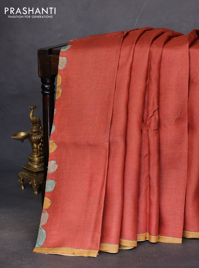Pure tussar partly silk saree rustic orange and teal blue with plain body and kalamkari hand painted prints