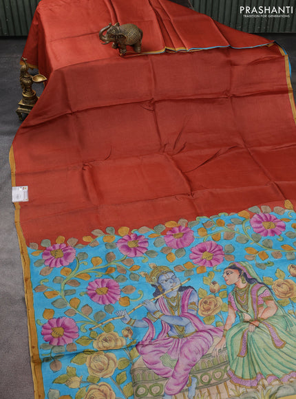 Pure tussar partly silk saree rustic orange and teal blue with plain body and kalamkari hand painted prints