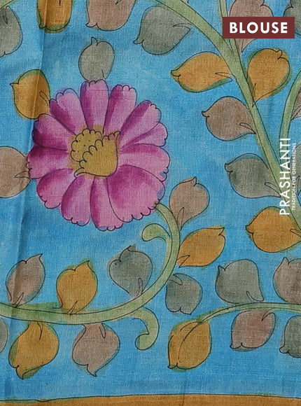 Pure tussar partly silk saree rustic orange and teal blue with plain body and kalamkari hand painted prints