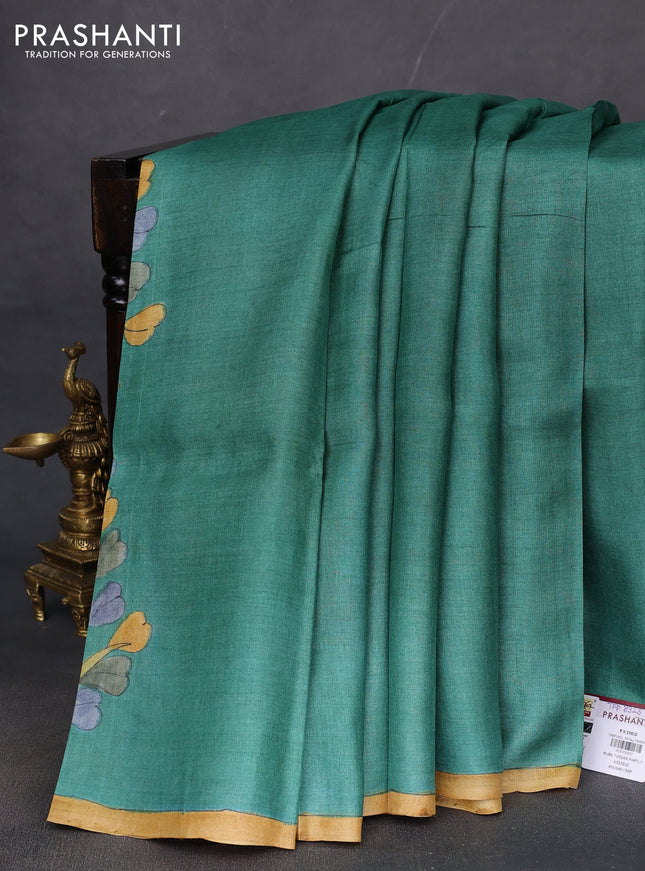 Pure tussar partly silk saree green and peach orange with plain body and kalamkari hand painted prints