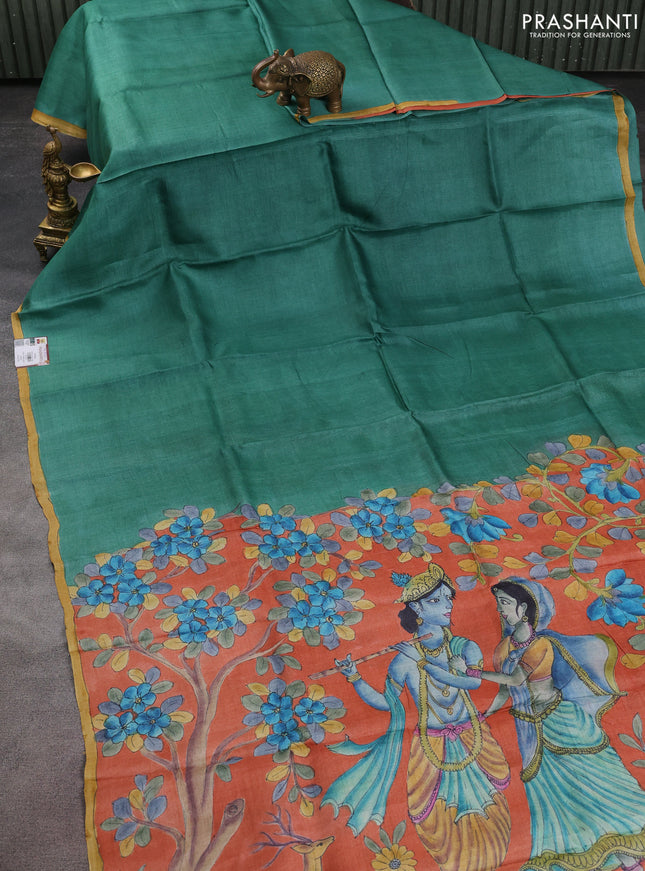 Pure tussar partly silk saree green and peach orange with plain body and kalamkari hand painted prints