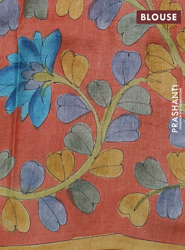 Pure tussar partly silk saree green and peach orange with plain body and kalamkari hand painted prints