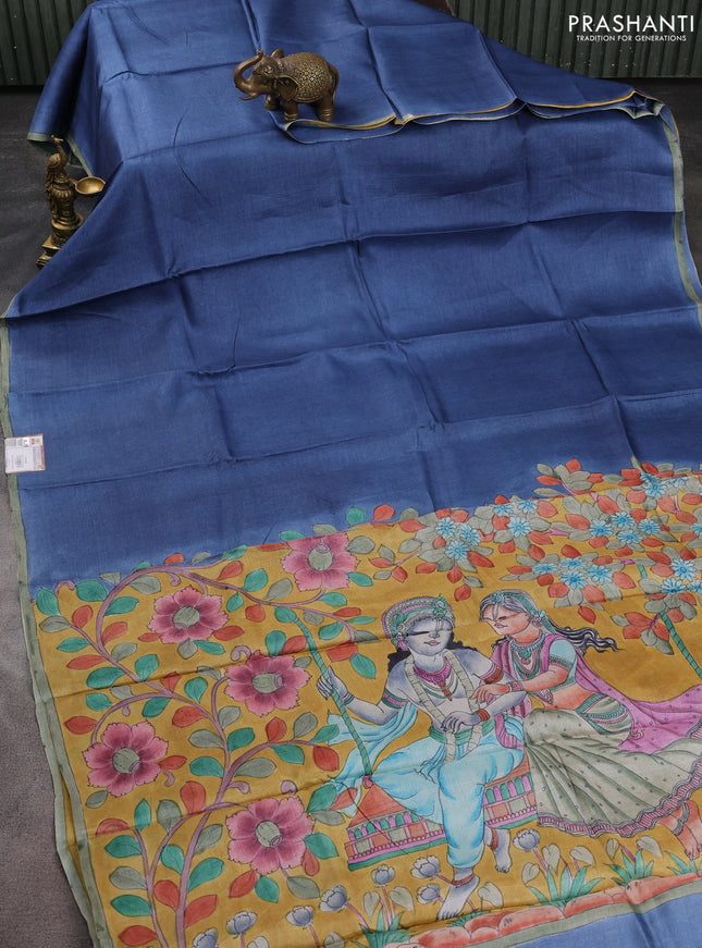 Pure tussar partly silk saree blue and mustard yellow with plain body and kalamkari hand painted prints