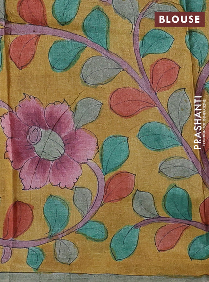 Pure tussar partly silk saree blue and mustard yellow with plain body and kalamkari hand painted prints