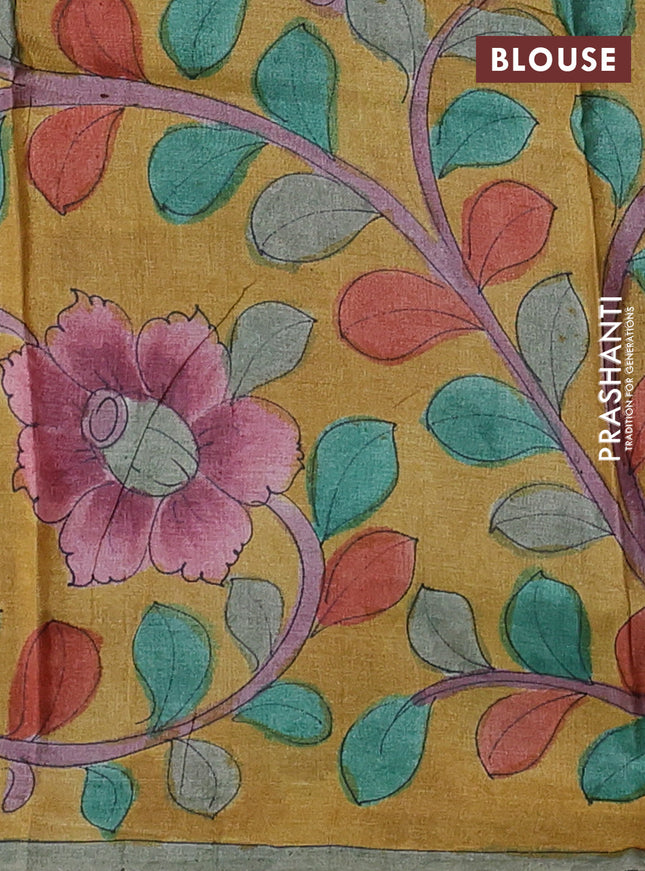 Pure tussar partly silk saree blue and mustard yellow with plain body and kalamkari hand painted prints
