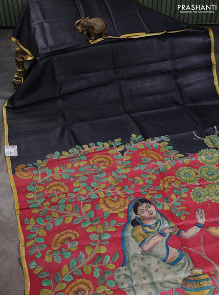 Pure tussar partly silk saree black and pink with plain body and kalamkari hand painted prints