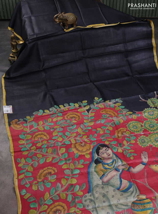Pure tussar partly silk saree black and pink with plain body and kalamkari hand painted prints