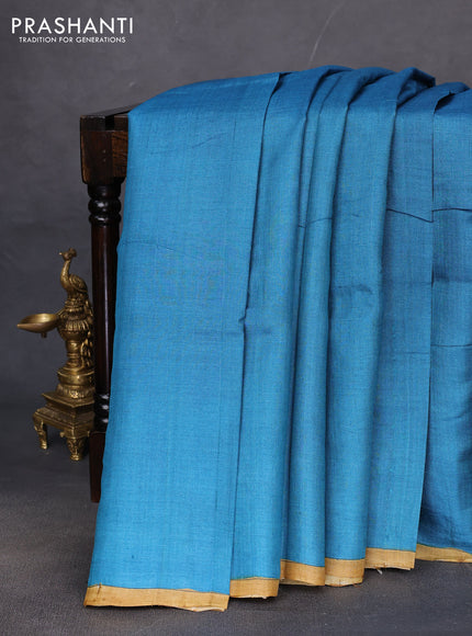 Pure tussar partly silk saree cs blue and purple shade with plain body and kalamkari hand painted prints