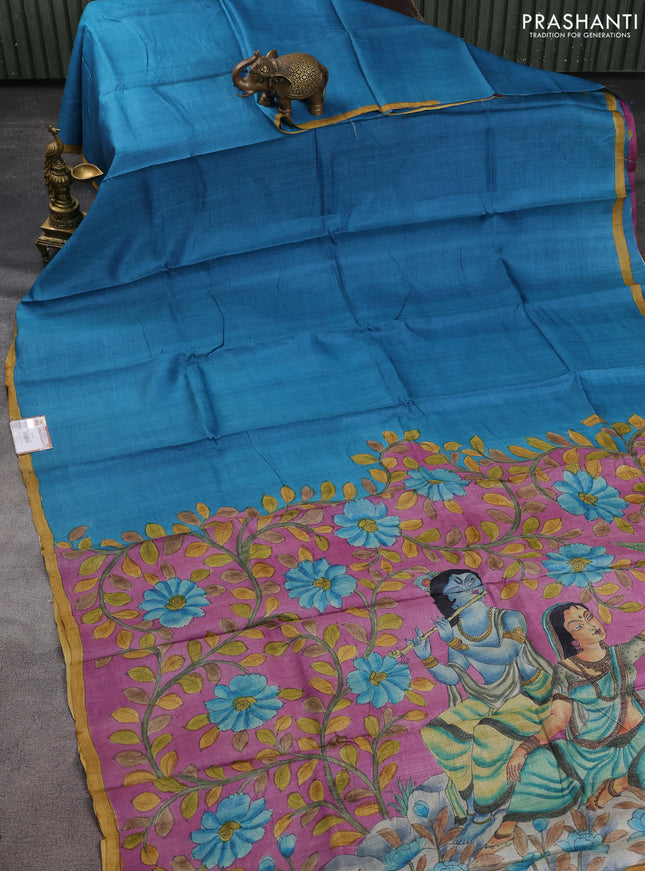 Pure tussar partly silk saree cs blue and purple shade with plain body and kalamkari hand painted prints