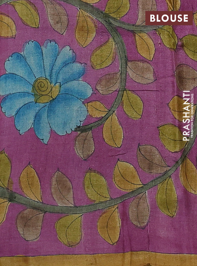 Pure tussar partly silk saree cs blue and purple shade with plain body and kalamkari hand painted prints