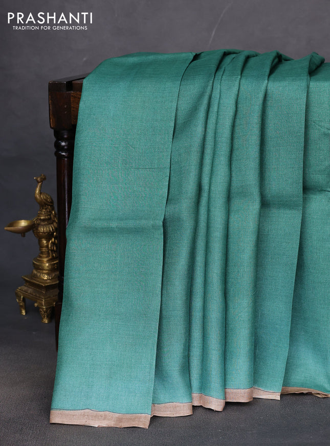 Pure tussar partly silk saree green shade and blue shade with plain body and kalamkari hand painted prints