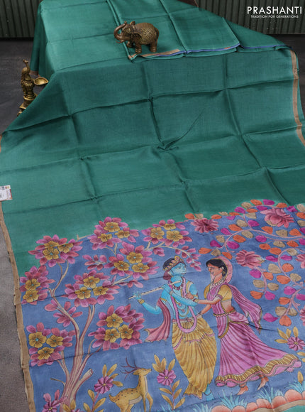 Pure tussar partly silk saree green shade and blue shade with plain body and kalamkari hand painted prints
