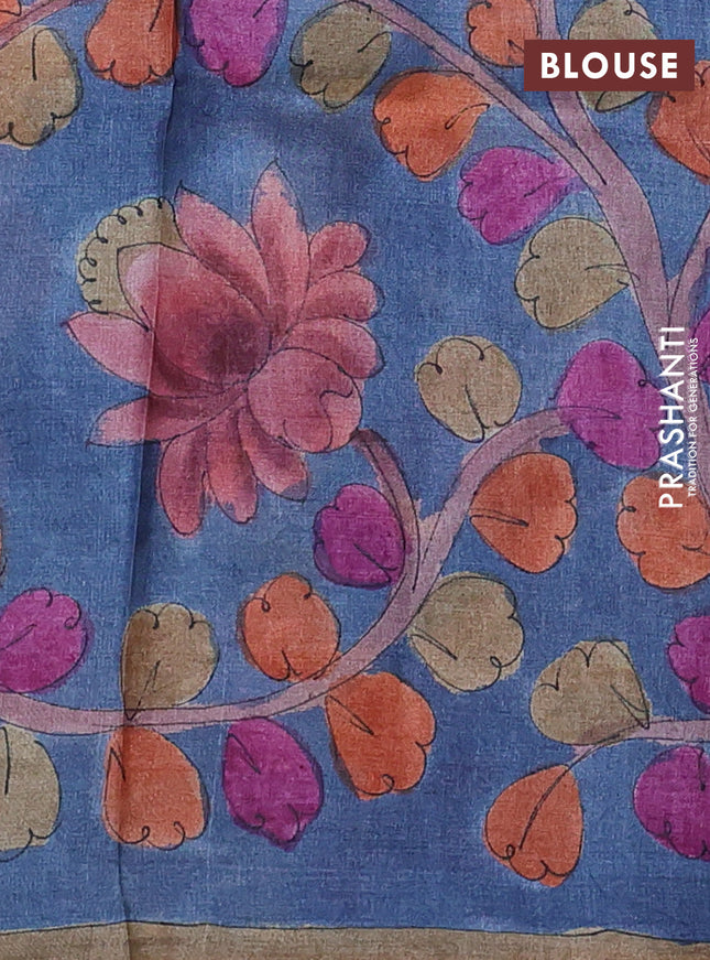 Pure tussar partly silk saree green shade and blue shade with plain body and kalamkari hand painted prints