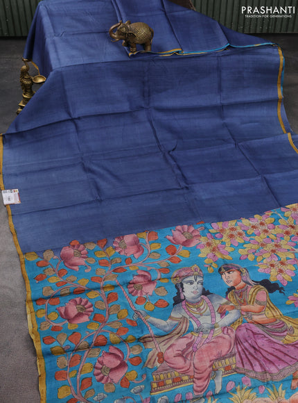 Pure tussar partly silk saree blue shade and cs blue with plain body and kalamkari hand painted prints