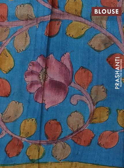 Pure tussar partly silk saree blue shade and cs blue with plain body and kalamkari hand painted prints
