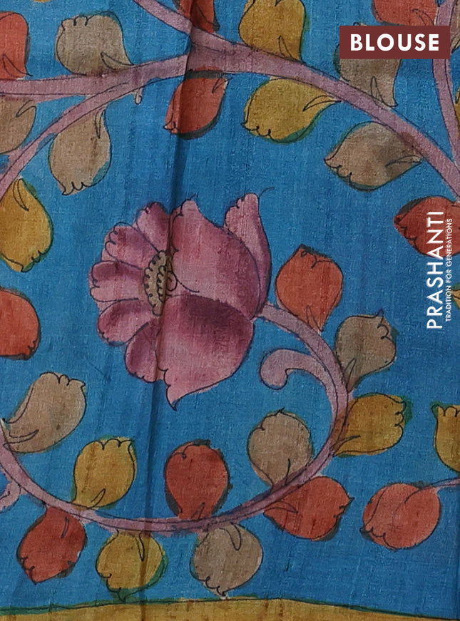Pure tussar partly silk saree blue shade and cs blue with plain body and kalamkari hand painted prints