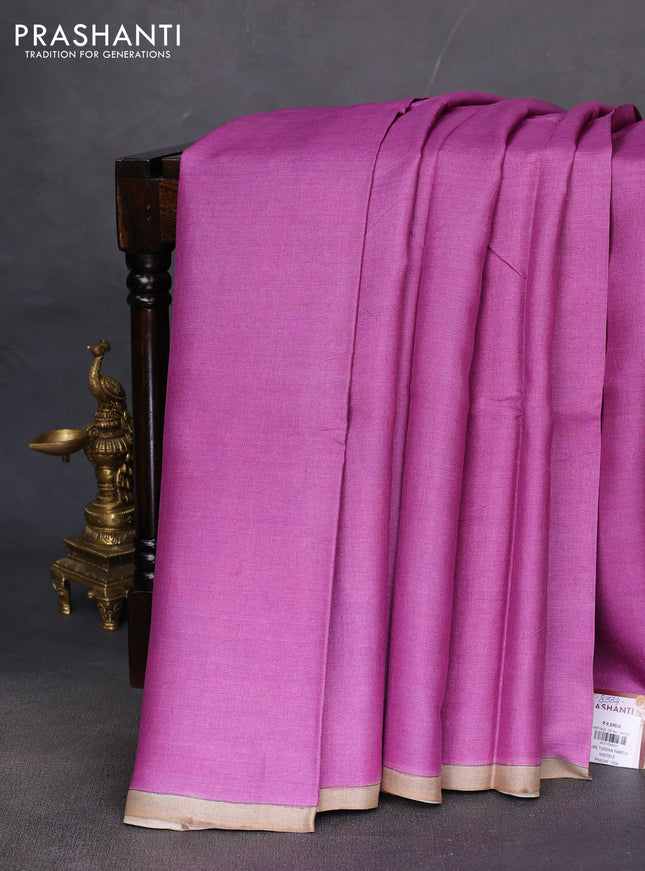 Pure tussar partly silk saree purple and teal blue with plain body and kalamkari hand painted prints