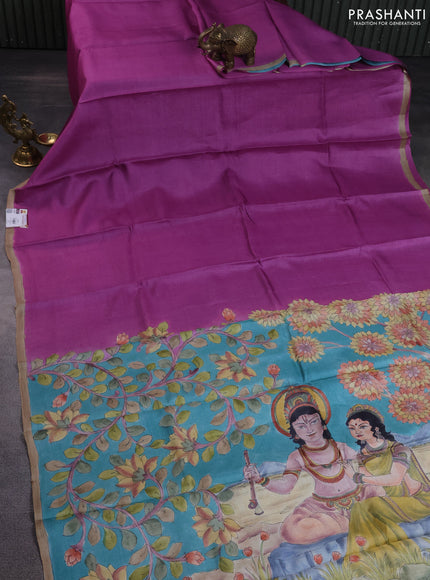 Pure tussar partly silk saree purple and teal blue with plain body and kalamkari hand painted prints