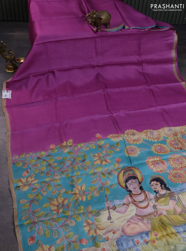 Pure tussar partly silk saree purple and teal blue with plain body and kalamkari hand painted prints