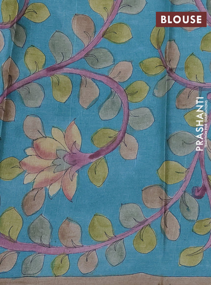 Pure tussar partly silk saree purple and teal blue with plain body and kalamkari hand painted prints