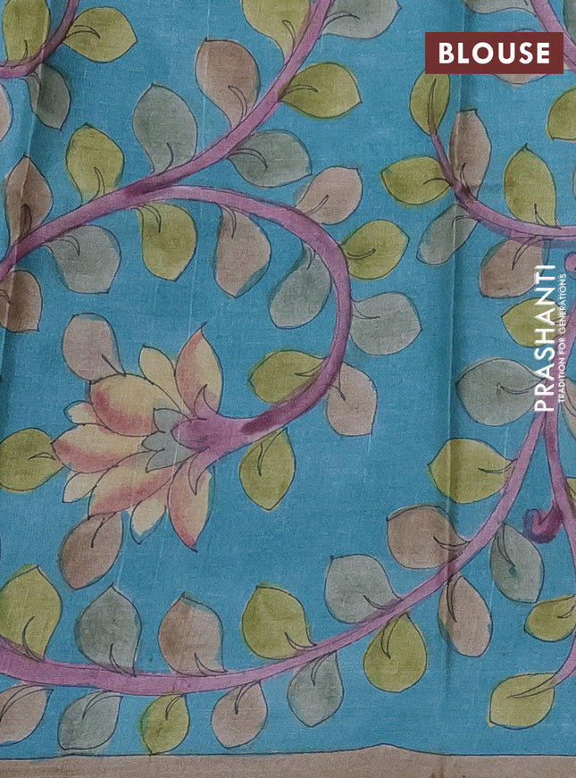 Pure tussar partly silk saree purple and teal blue with plain body and kalamkari hand painted prints